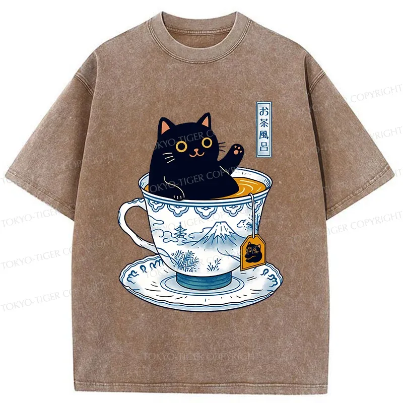 Tokyo-Tiger Cat In Teacup Washed T-Shirt