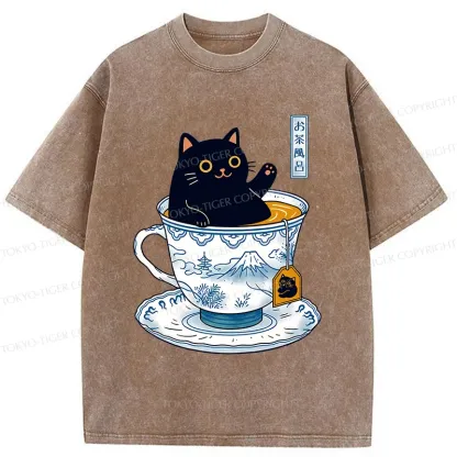 Tokyo-Tiger Cat In Teacup Washed T-Shirt