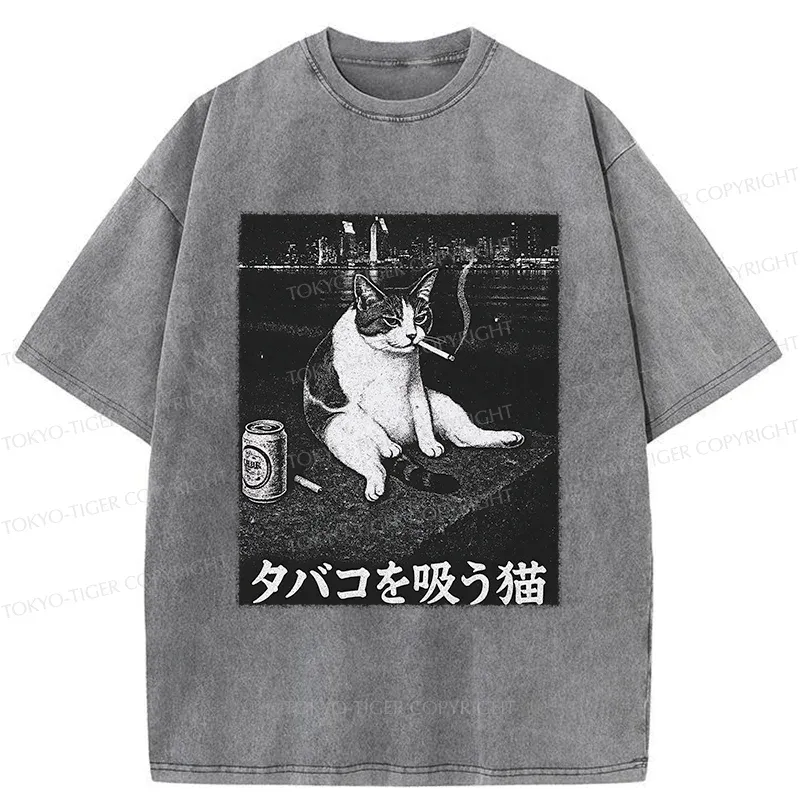 Tokyo-Tiger Smoking Cat Funny Washed T-Shirt