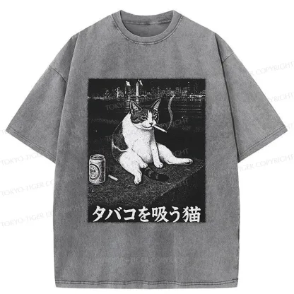 Tokyo-Tiger Smoking Cat Funny Washed T-Shirt