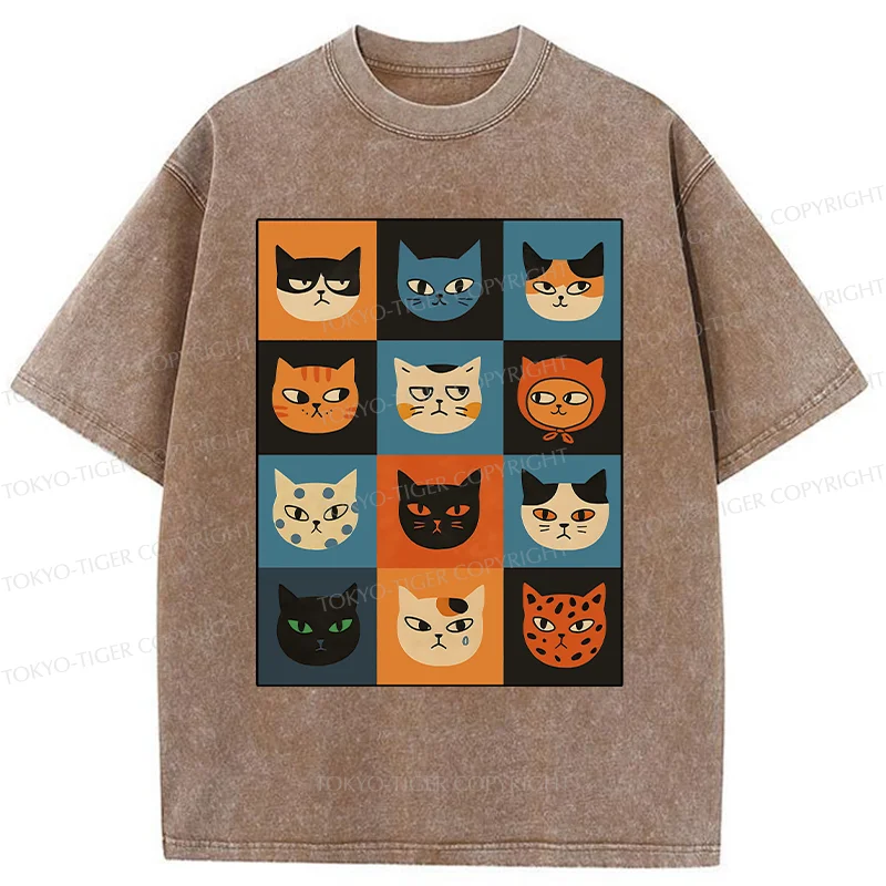Tokyo-Tiger Cat Stamps Washed T-Shirt