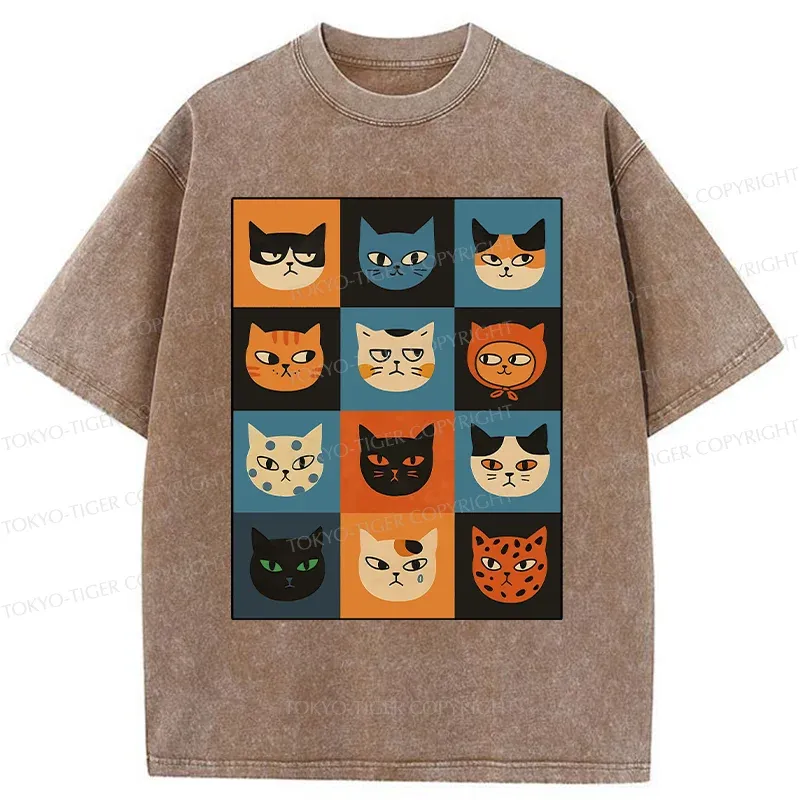 Tokyo-Tiger Cat Stamps Washed T-Shirt