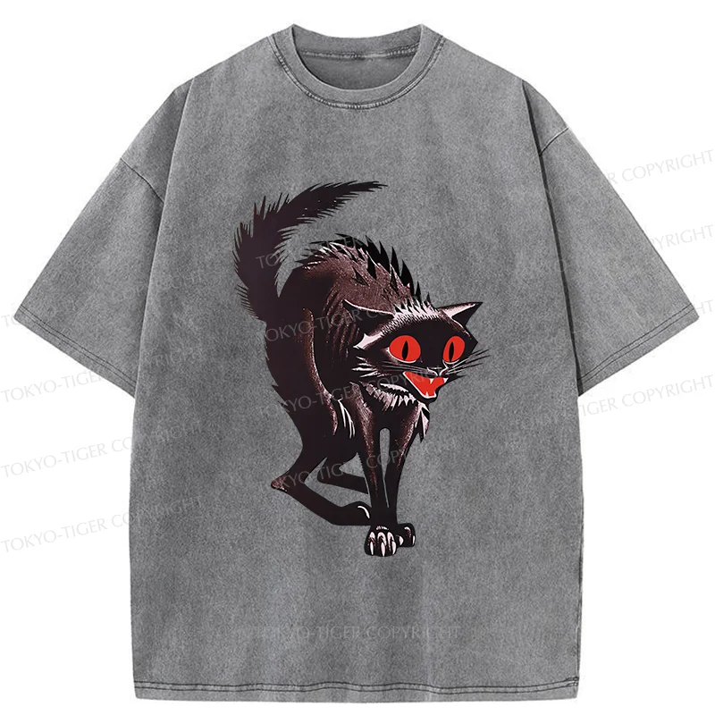Tokyo-Tiger Halloween Scary Black Cat Washed T-Shirt