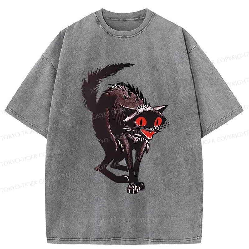 Tokyo-Tiger Halloween Scary Black Cat Washed T-Shirt