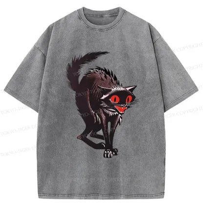Tokyo-Tiger Halloween Scary Black Cat Washed T-Shirt