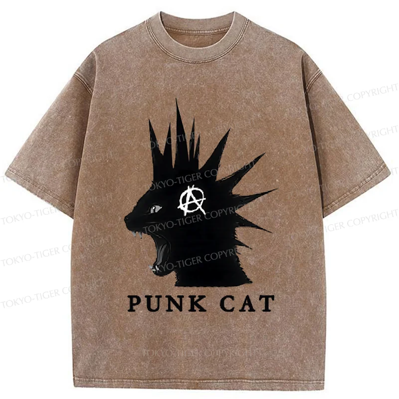 Tokyo-Tiger Punk Cat Funny Washed T-Shirt
