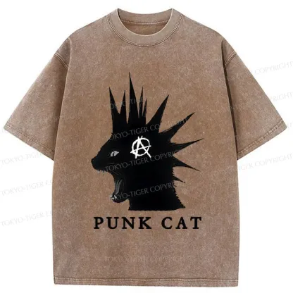 Tokyo-Tiger Punk Cat Funny Washed T-Shirt