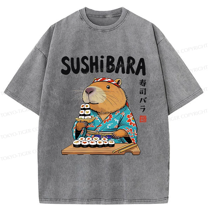 Tokyo-Tiger Capybara Sushi Chef Washed T-Shirt