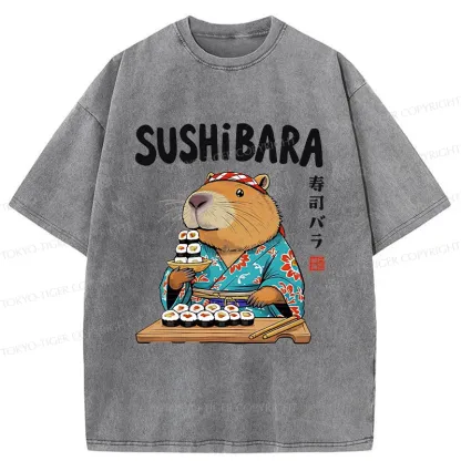 Tokyo-Tiger Capybara Sushi Chef Washed T-Shirt
