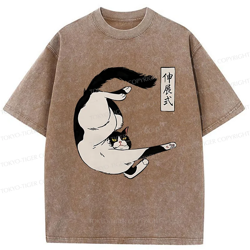 Tokyo-Tiger Supine Cat Stretch Washed T-Shirt