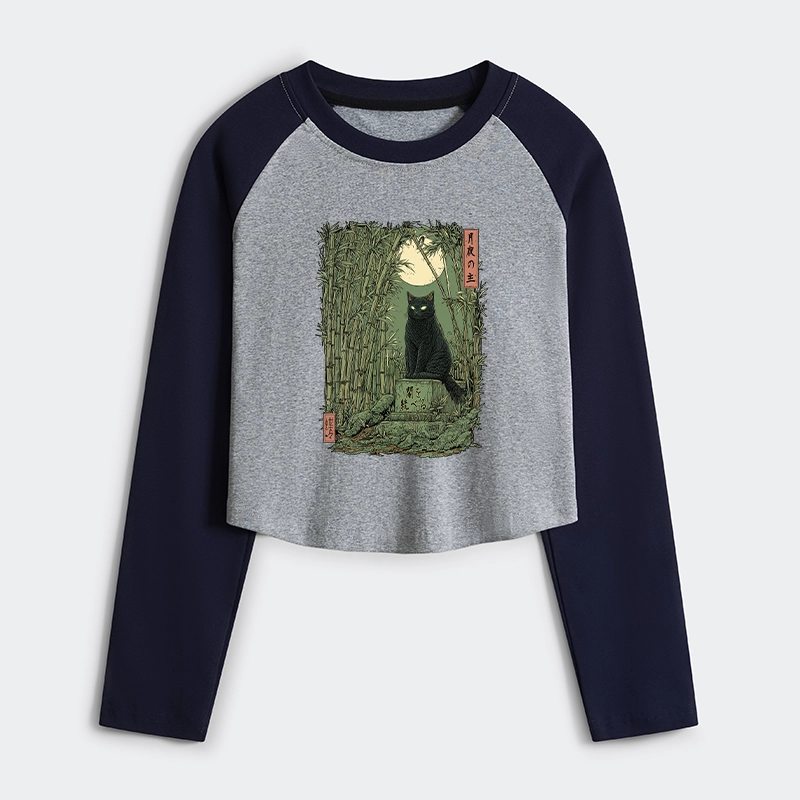 Tokyo-Tiger Black Cat In The Bamboo Forest Women's Crop Raglan T-Shirt