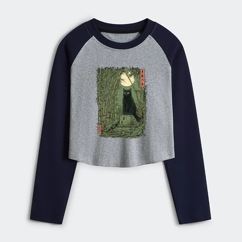 Tokyo-Tiger Black Cat In The Bamboo Forest Women's Crop Raglan T-Shirt