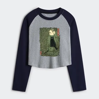Tokyo-Tiger Black Cat In The Bamboo Forest Women's Crop Raglan T-Shirt