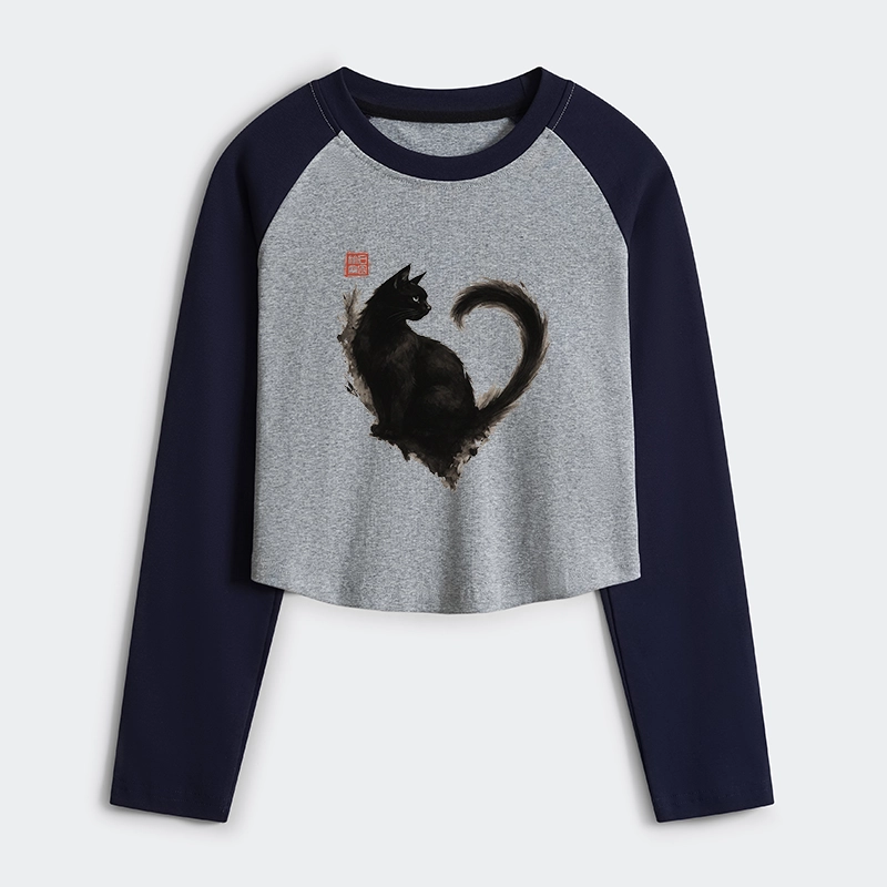 Tokyo-Tiger Funny Heart-Shaped Ink Cat Women's Crop Raglan T-Shirt