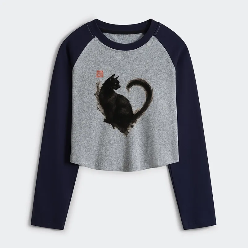 Tokyo-Tiger Funny Heart-Shaped Ink Cat Women's Crop Raglan T-Shirt