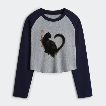 Tokyo-Tiger Funny Heart-Shaped Ink Cat Women's Crop Raglan T-Shirt