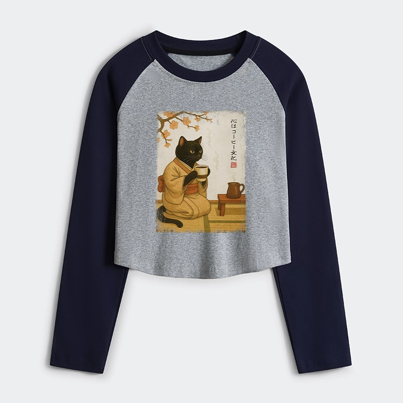 Tokyo-Tiger Cat Heart Full Of Coffee Women's Crop Raglan T-Shirt