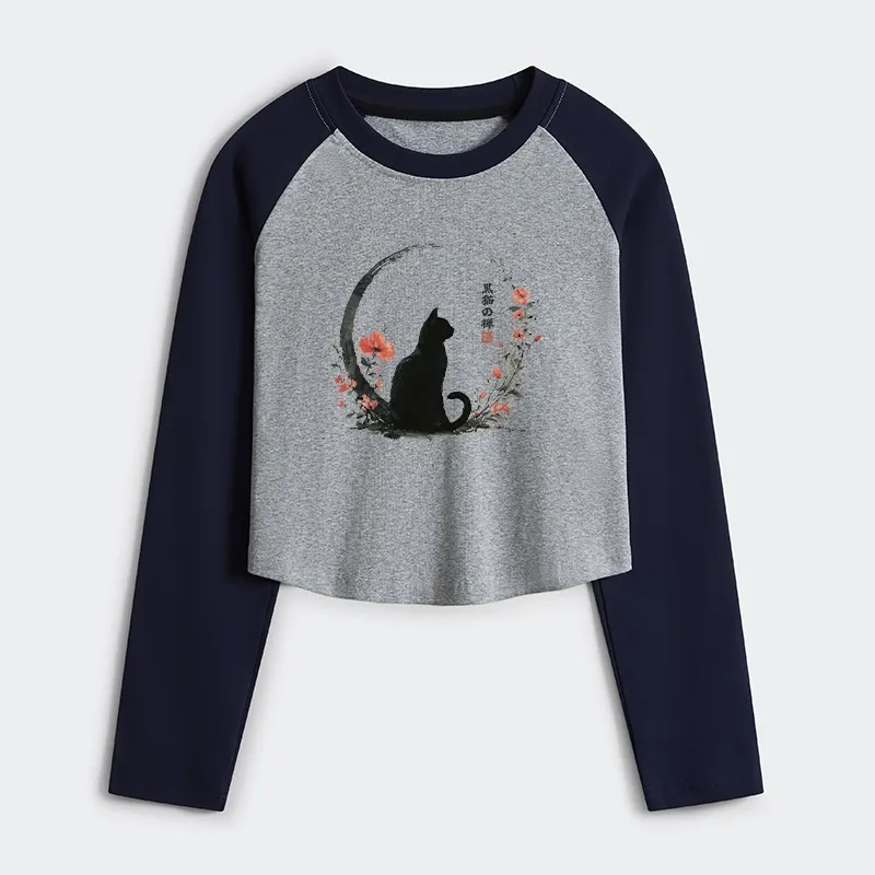 Tokyo-Tiger Black Cat And Flowers Women's Crop Raglan T-Shirt