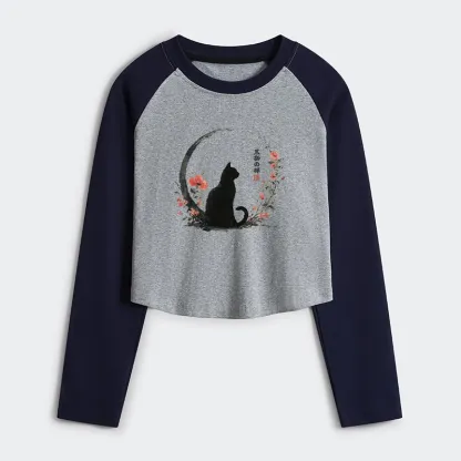 Tokyo-Tiger Black Cat And Flowers Women's Crop Raglan T-Shirt