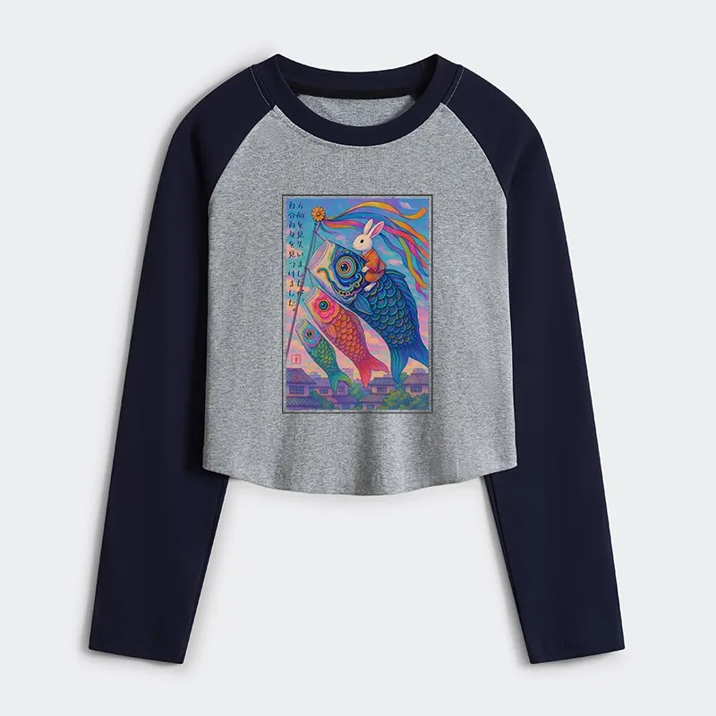 Tokyo-Tiger Ukiyoe Rabbit Ride Carp Streamer Poster Women's Crop Raglan T-Shirt