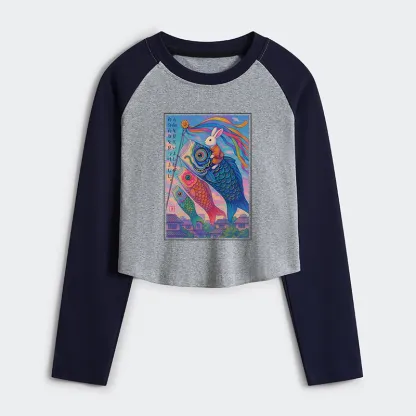 Tokyo-Tiger Ukiyoe Rabbit Ride Carp Streamer Poster Women's Crop Raglan T-Shirt