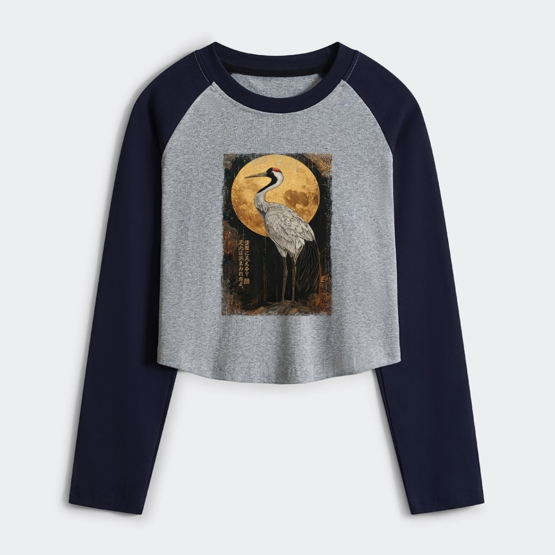 Tokyo-Tiger Vintage Japanese Crane Kanji Women's Crop Raglan T-Shirt