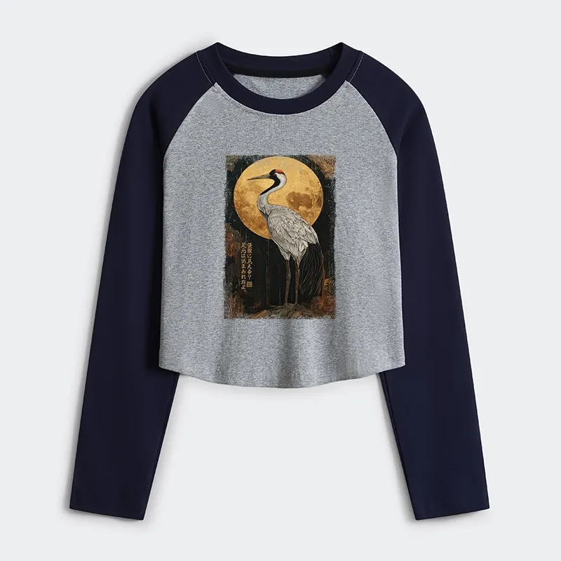 Tokyo-Tiger Vintage Japanese Crane Kanji Women's Crop Raglan T-Shirt