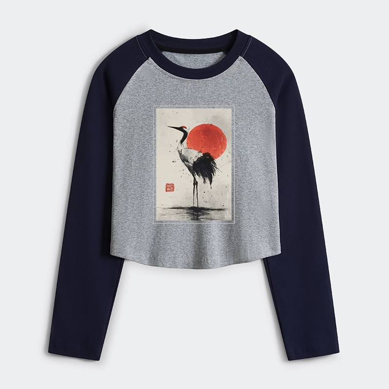 Tokyo-Tiger Retro Japanese Red-crowned Crane Women's Crop Raglan T-Shirt