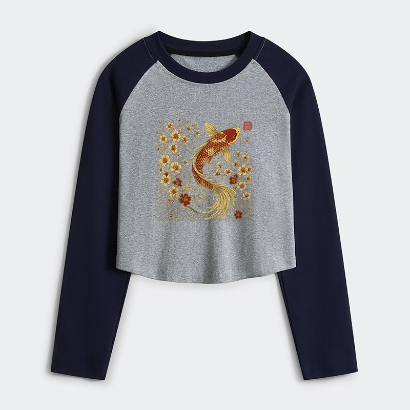 Tokyo-Tiger Vintage Sakura And Koi Women's Crop Raglan T-Shirt