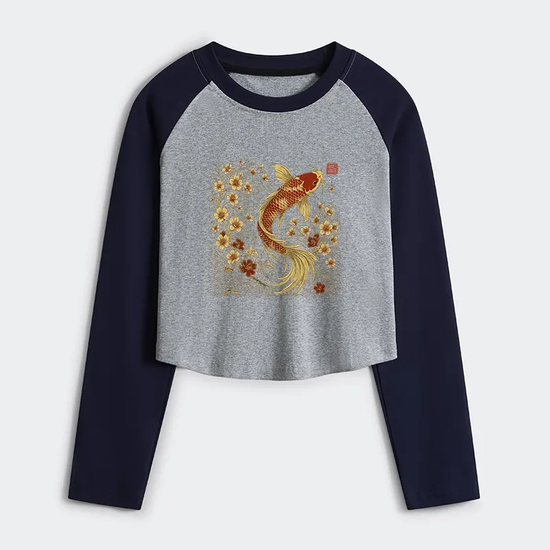 Tokyo-Tiger Vintage Sakura And Koi Women's Crop Raglan T-Shirt