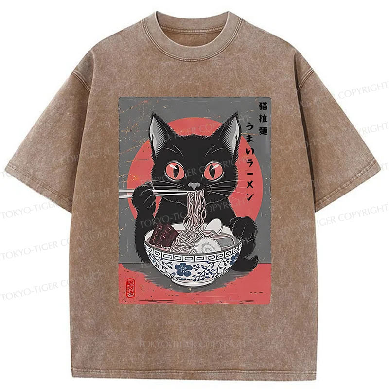 Tokyo-Tiger Black Cat Eating Delicious Ramen Washed T-Shirt