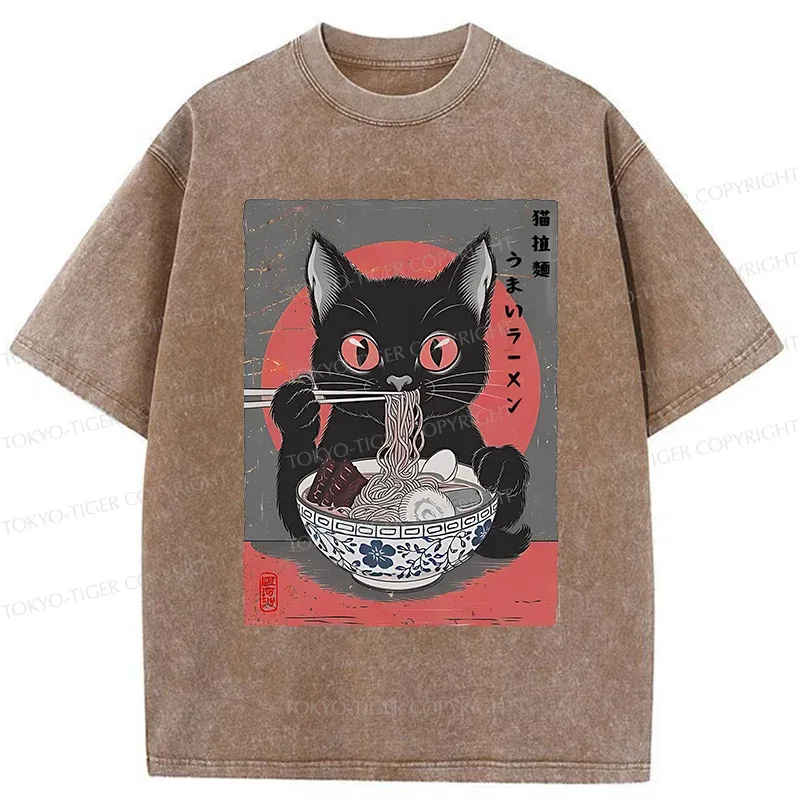 Tokyo-Tiger Black Cat Eating Delicious Ramen Washed T-Shirt