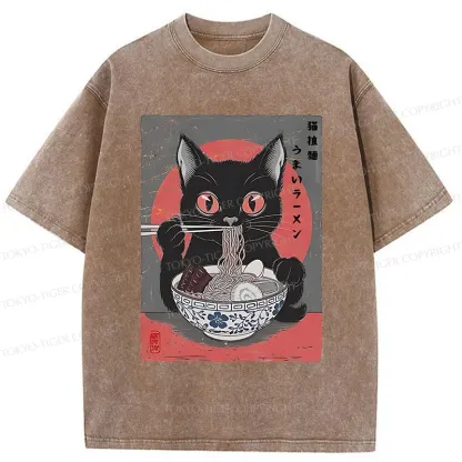 Tokyo-Tiger Black Cat Eating Delicious Ramen Washed T-Shirt