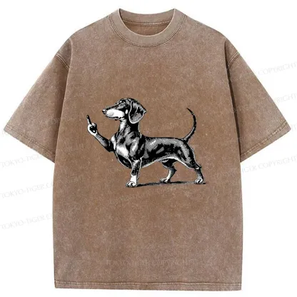 Tokyo-Tiger Dachshund Showing Middle Finger Washed T-Shirt