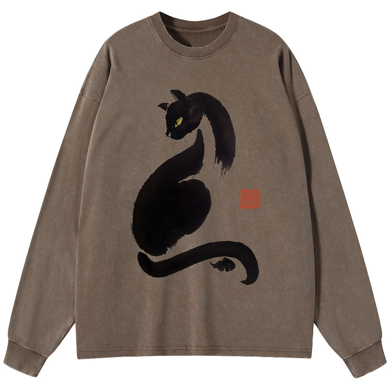 Tokyo-Tiger Elegant Black Cat Japan Washed Long Sleeve T-Shirt