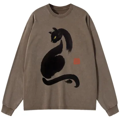 Tokyo-Tiger Elegant Black Cat Japan Washed Long Sleeve T-Shirt
