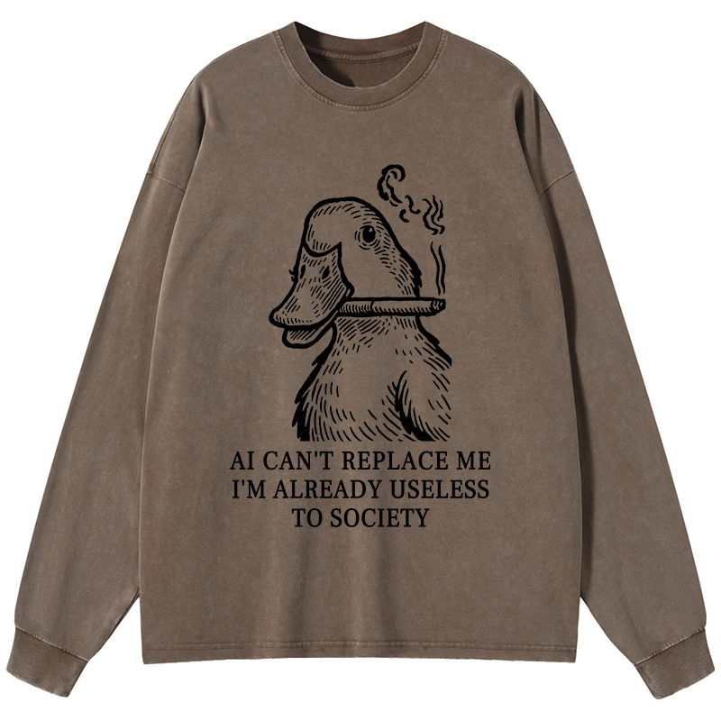 Tokyo-Tiger Smoking Duck Funny Washed Long Sleeve T-Shirt