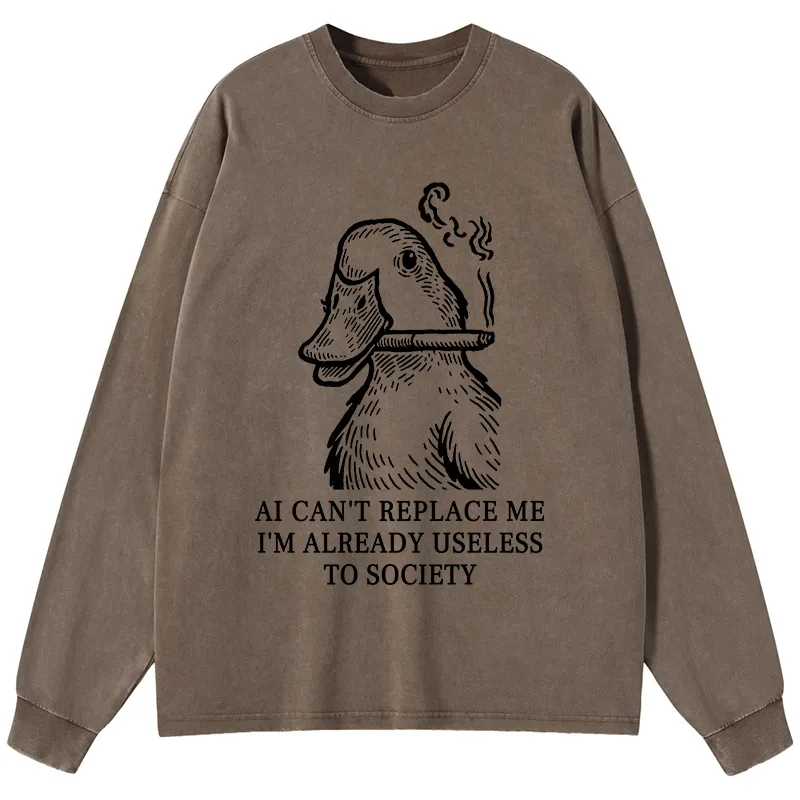 Tokyo-Tiger Smoking Duck Funny Washed Long Sleeve T-Shirt