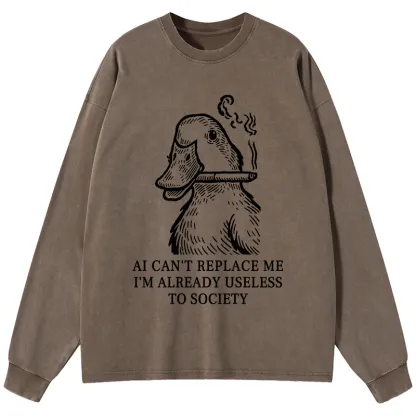 Tokyo-Tiger Smoking Duck Funny Washed Long Sleeve T-Shirt