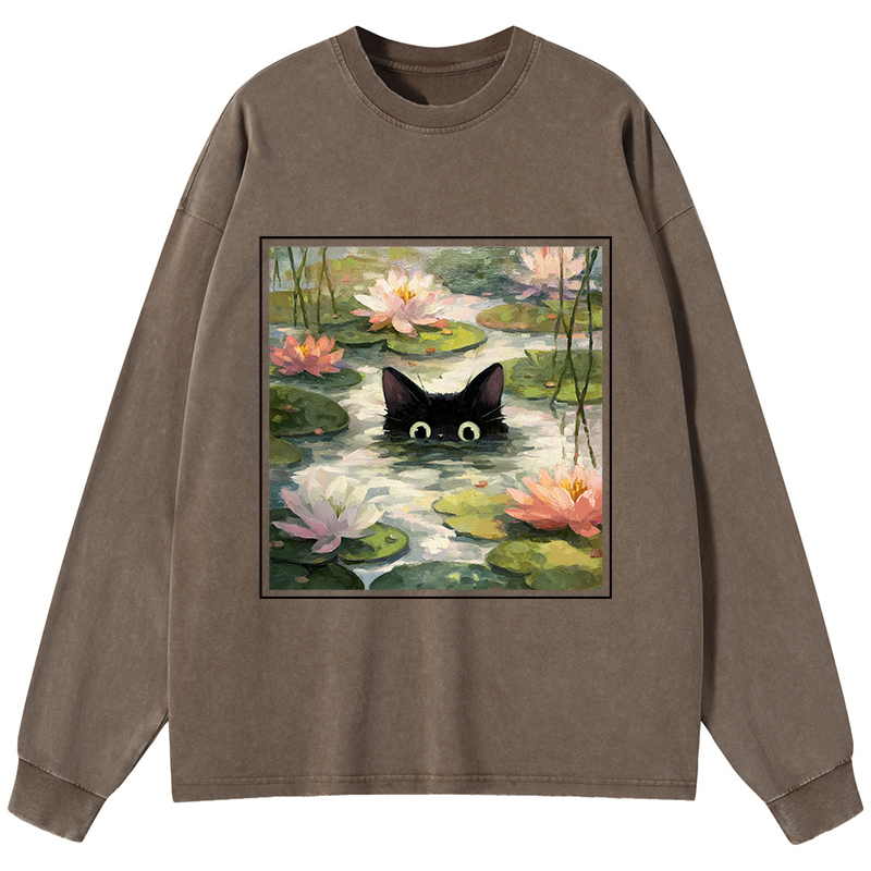 Tokyo-Tiger Black Cat and Lotus Flower Washed Long Sleeve T-Shirt
