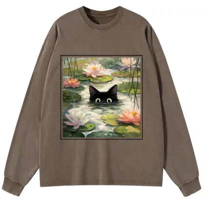 Tokyo-Tiger Black Cat and Lotus Flower Washed Long Sleeve T-Shirt