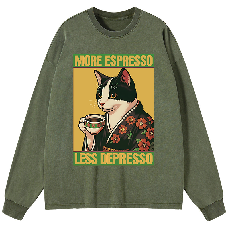 Tokyo-Tiger Tuxedo Cat Drinking Coffee Washed Long Sleeve T-Shirt