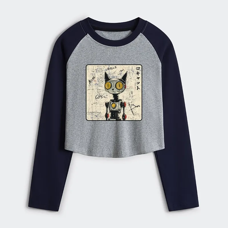 Tokyo-Tiger Robot Cat Women's Crop Raglan T-Shirt
