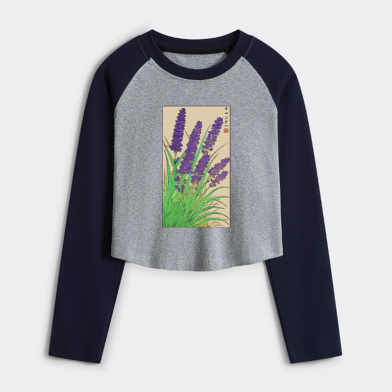 Tokyo-Tiger Japanese Lavender Women's Crop Raglan T-Shirt