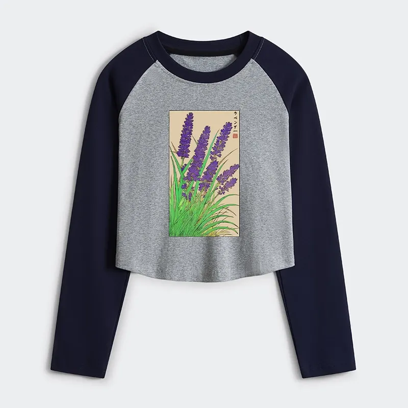 Tokyo-Tiger Japanese Lavender Women's Crop Raglan T-Shirt