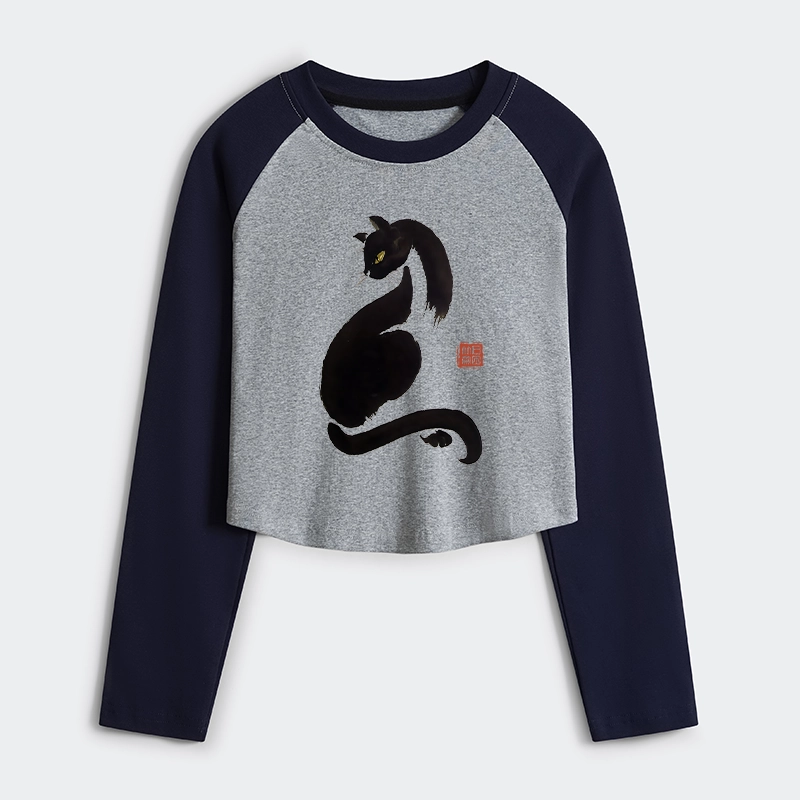 Tokyo-Tiger Elegant Black Cat Japan Women's Crop Raglan T-Shirt