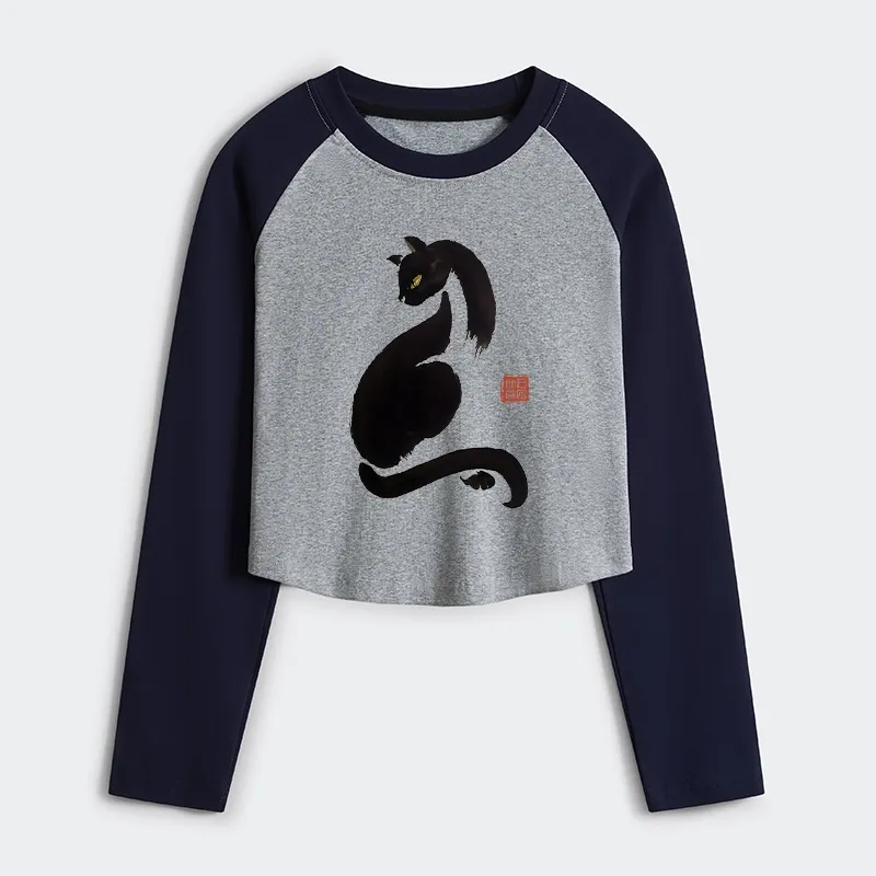 Tokyo-Tiger Elegant Black Cat Japan Women's Crop Raglan T-Shirt