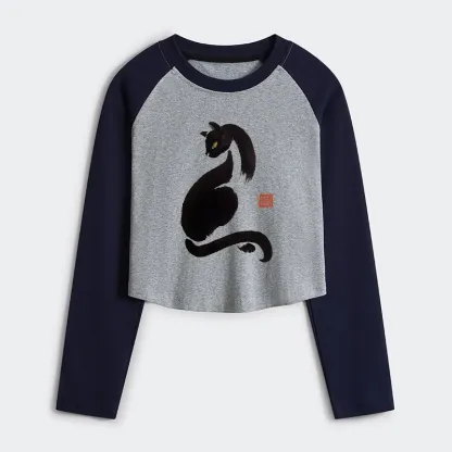 Tokyo-Tiger Elegant Black Cat Japan Women's Crop Raglan T-Shirt