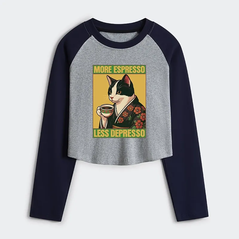 Tokyo-Tiger Tuxedo Cat Drinking Coffee Women's Crop Raglan T-Shirt