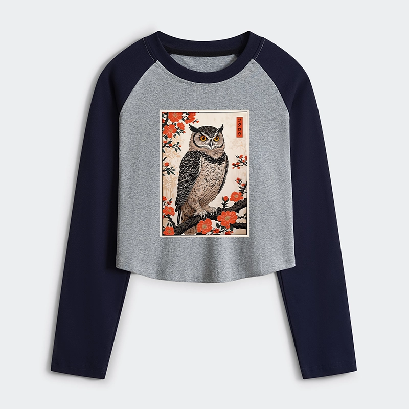 Tokyo-Tiger Vintage Japanese Owl Women's Crop Raglan T-Shirt